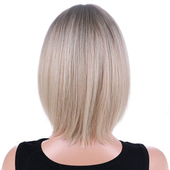 WTHCOS Ombre Blonde Bob Wigs for Women Short Straight Blonde Wig with Bangs Blonde Wig with Dark Roots Mixed Blonde Wigs Synthetic Wigs with Wig Cap (Ombre Blonde)