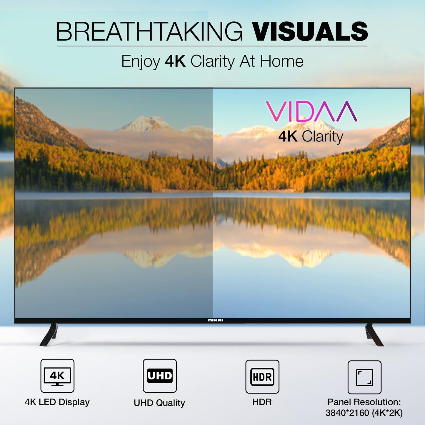 Nikai VIDAA OS, 4K 65 Inch Smart TV, UHD Quality, Dolby Vision, Apple Airplay, Smooth Motion, Quad Core Processor, Game Mode Plus, Official Apps YouTube, Netflix, Metro Muscat, Prime, Shahid - UHD65SVDLED