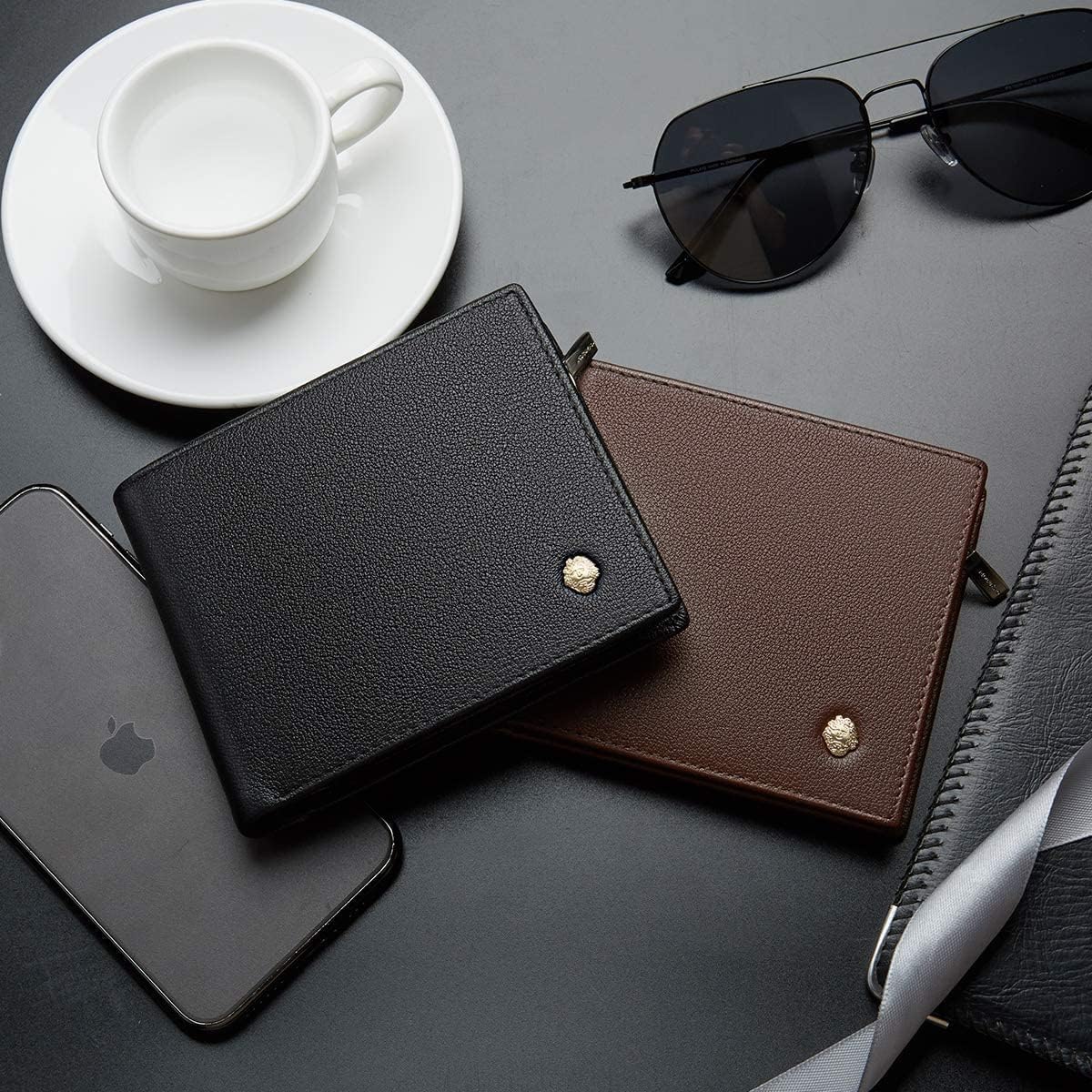 LAORENTOU Men's Genuine Leather Wallet Card Holder with Zipper Pocket (Brown)
