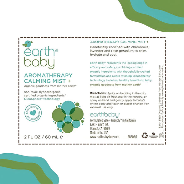 Earth Baby Aromatherapy Calming Mist+, Hypoallergenic for Sensitive Skin, Natural and Organic, for Babies Toddlers and Kids, 2.0 Fl Oz