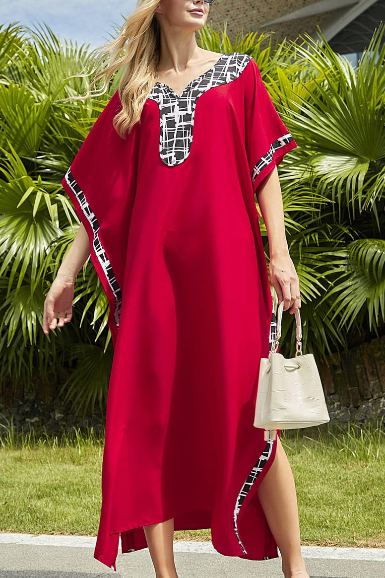 YouKD Maxi Dress V-Neck Kaftan Boho Robes Beach Cover-ups Dress Maxi Garment for Women