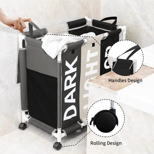 3 Bag Laundry Sorter Cart, Laundry Hamper Sorter Basket with Heavy Duty Lockable Rolling Wheels for Clothes Storage (3 Color-Black/Beige/Dark Grey)