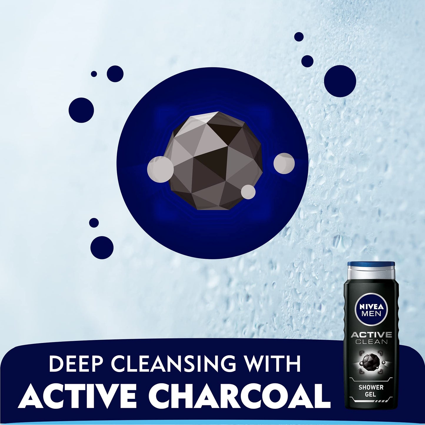 NIVEA MEN 3in1 Shower Gel Body Wash, Active Clean Charcoal Woody Scent, 500ml