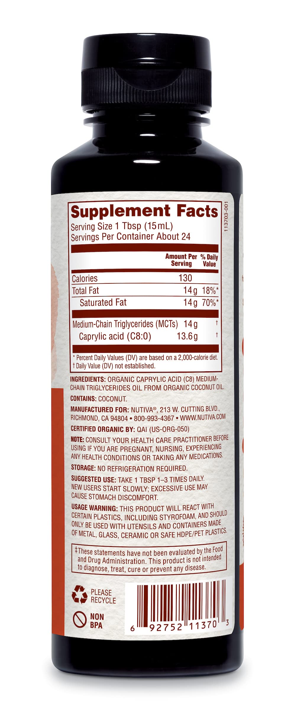 Nutiva Organic C8 MCT Oil, Ultimate Keto Fuel from Non-GMO Coconuts, 14g MCT 12 Fl Oz, USDA Organic, Whole 30, Vegan & Gluten-Free, Energy Boost to Coffee, Shakes and Salads