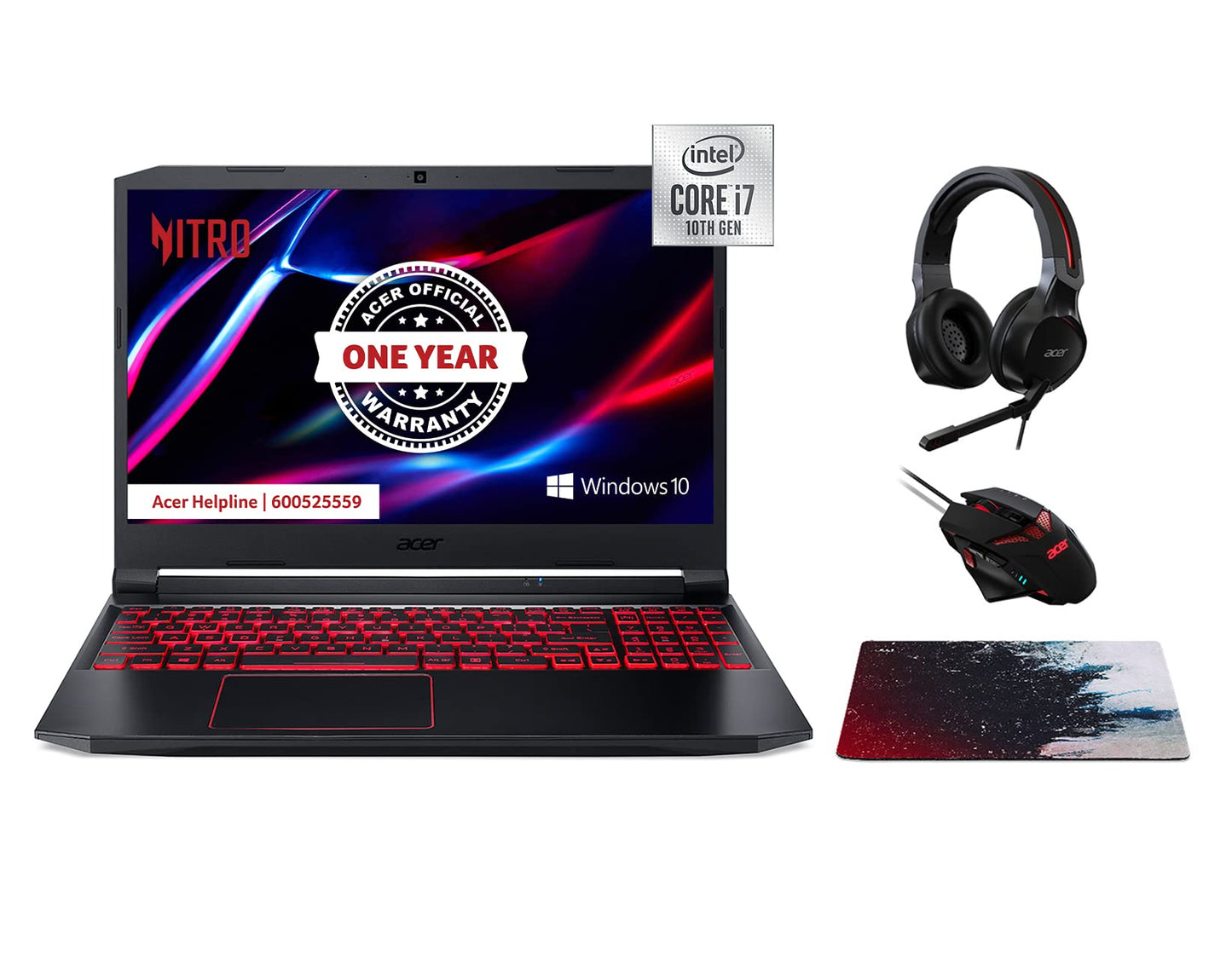 Acer Nitro 5 An515 Gaming Notebook 10Th Gen Intel Core I7-10750H Hexa Core Upto 5.0Ghz/16G DDR4/1T Ssd/4GB Nvidia®Geforce®Gtx 1650/15.6" Fhd Ips Led Lcd/Win 10/Black + Gaming Headset+ Mouse & Pad