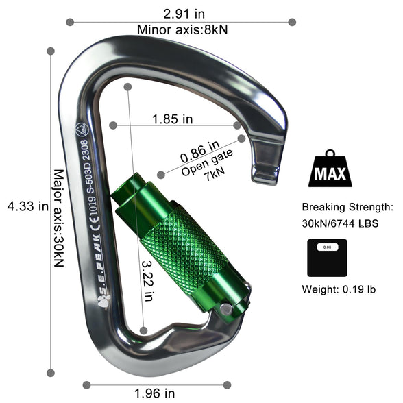 SEPEAK UIAA 30kN Locking Climbing Carabiner, Professional Heavy Duty Twist Clip for Outdoor Climbing, Mountaineering, Rappelling, Camping, Hiking, Swing, Large D Carabiner Hook/6744lb