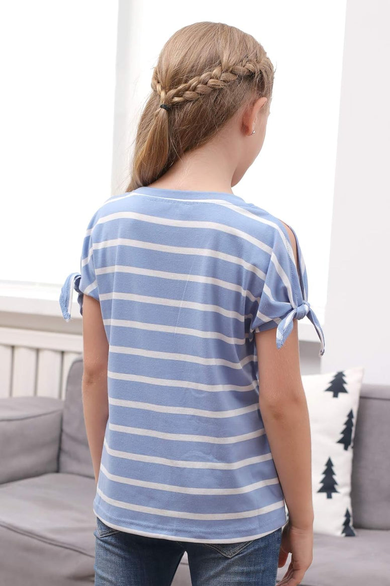 GORLYA Girl's Cut Slit Sleeve Tie knot Cuff Stripe Tunic T-shirt Casual Pullover Top for 4-14T Kids