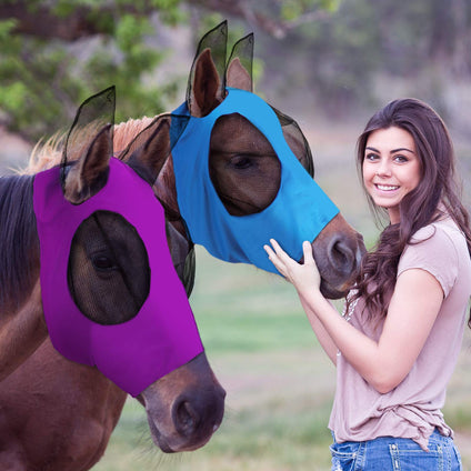 2 Pieces Horse Fly Mask Horse Mask with Ears Smooth and Elasticity Fly Mask with UV Protection (L, Purple, Blue)