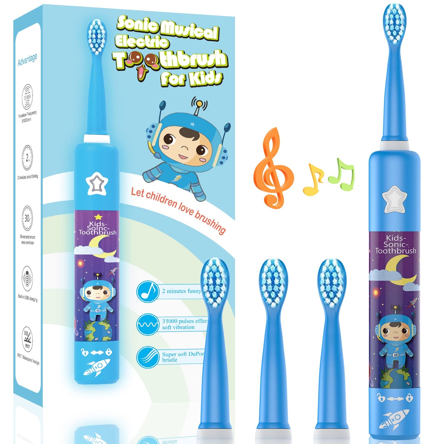 Miklife Kid Musical Electric Toothbrushes 4 Modes 2 Min Timer, 4 Brush Head Rechargeable Sonic ChildrenToothbrush Smart Music Play Song for Boy Age 3-16