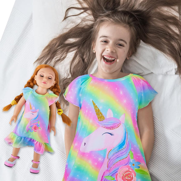 ICOSY Matching Girls & Doll Nightgowns Clothes Unicorn Pajamas Sleepwear Outfit for Girls and American 18" Girl Doll