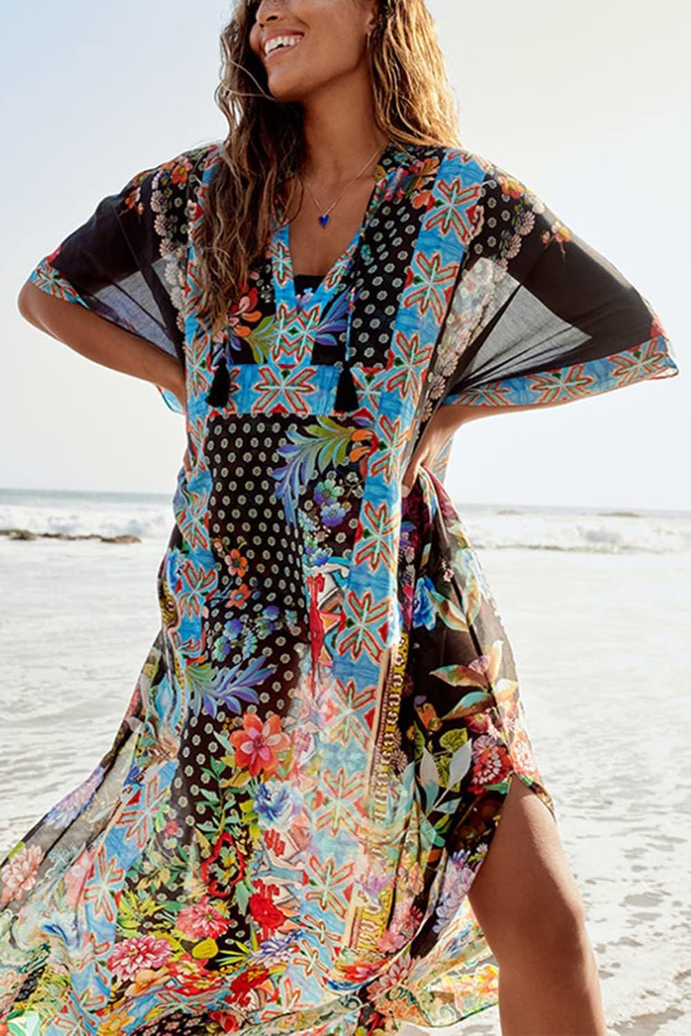 YouKD Maxi Dress V-Neck Kaftan Boho Robes Beach Cover-ups Dress Maxi Garment for Women