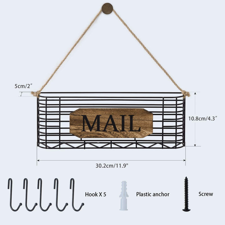 SRIWATANA Mail Key Holder, Mail Organizer Wall Mount, Hanging Mail Letter Organizer with 5 Hooks Large