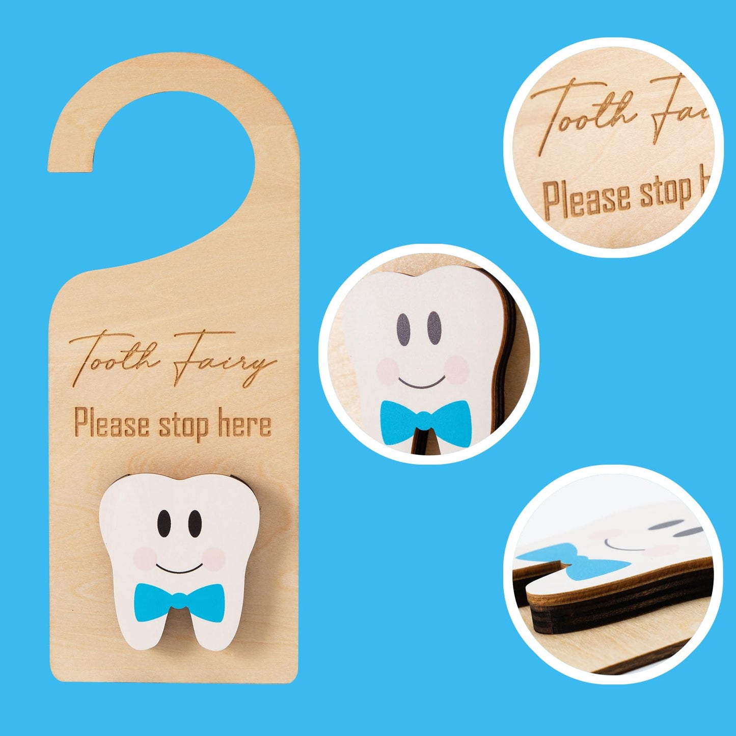 Xunboo Wooden Tooth Fairy Door Hanger with Cute Money Holder Gift for Lost Teeth Kids Tooth Fairy Pick up Box for Boys and Girls (Blue)