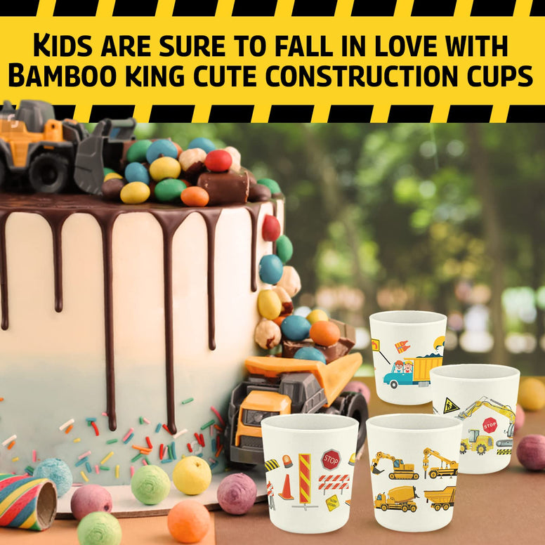 Bamboo King Set of 4 Construction Theme Party Bamboo Cups for Kids | Shatter Resistant | BPA Free | Open Cups | 8 Oz