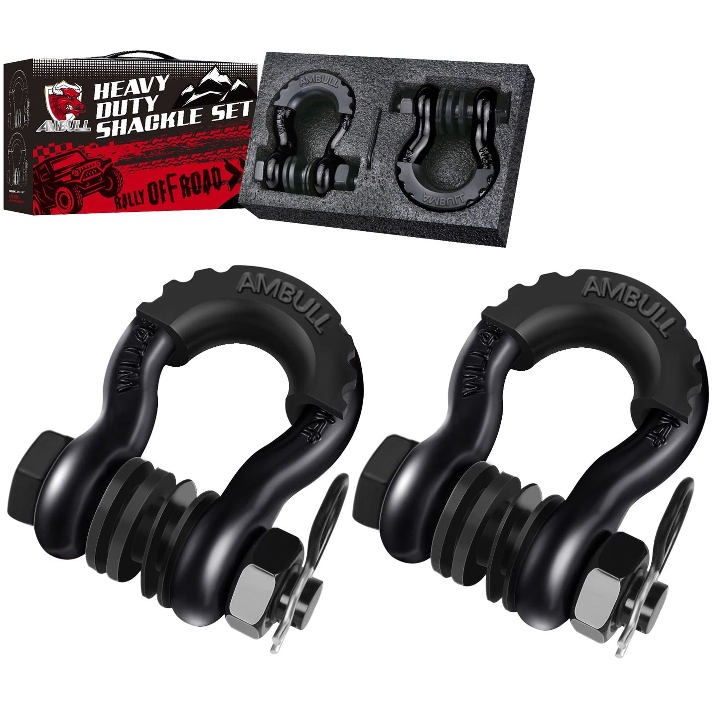 AMBULL Shackles 3/4 Inch D Ring Shackle (2 Pack) 41,850lb Break Strength with 7/8 Inch Pin, Isolator and Washer Kits for Use with Tow Strap, Winch, Off-Road Jeep Truck Vehicle Recovery (Black)