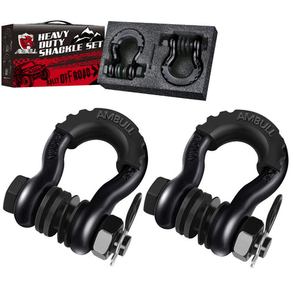 AMBULL Shackles 3/4 Inch D Ring Shackle (2 Pack) 41,850lb Break Strength with 7/8 Inch Pin, Isolator and Washer Kits for Use with Tow Strap, Winch, Off-Road Jeep Truck Vehicle Recovery (Black)