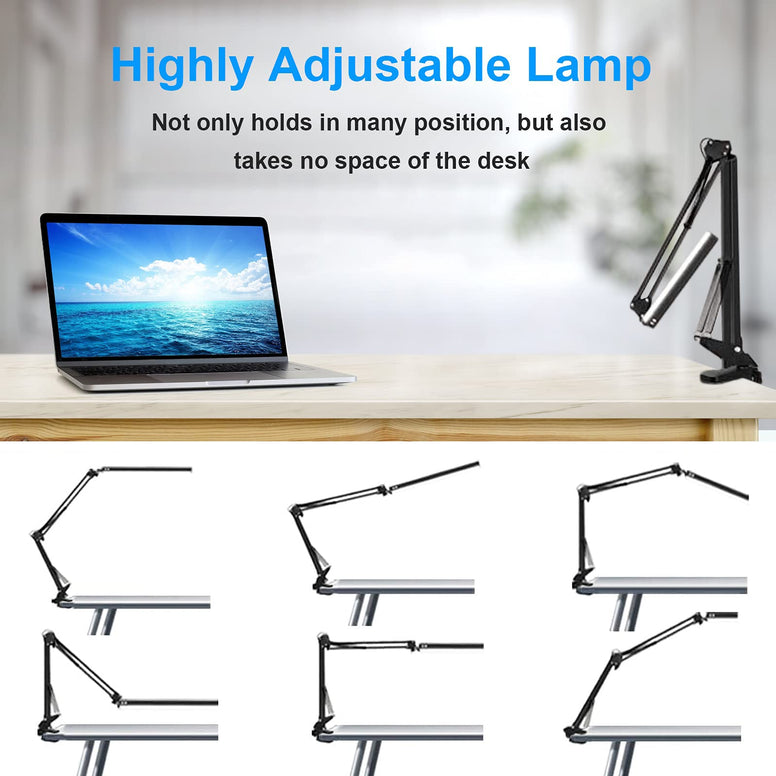 Necomi LED Desk Lamp  With Clamp, 3 Lighting 10 Brightness Eye-Caring Modes, Reading Desk Lamps for Home Office 360 Degree Spin with Memory Function 12W-Black
