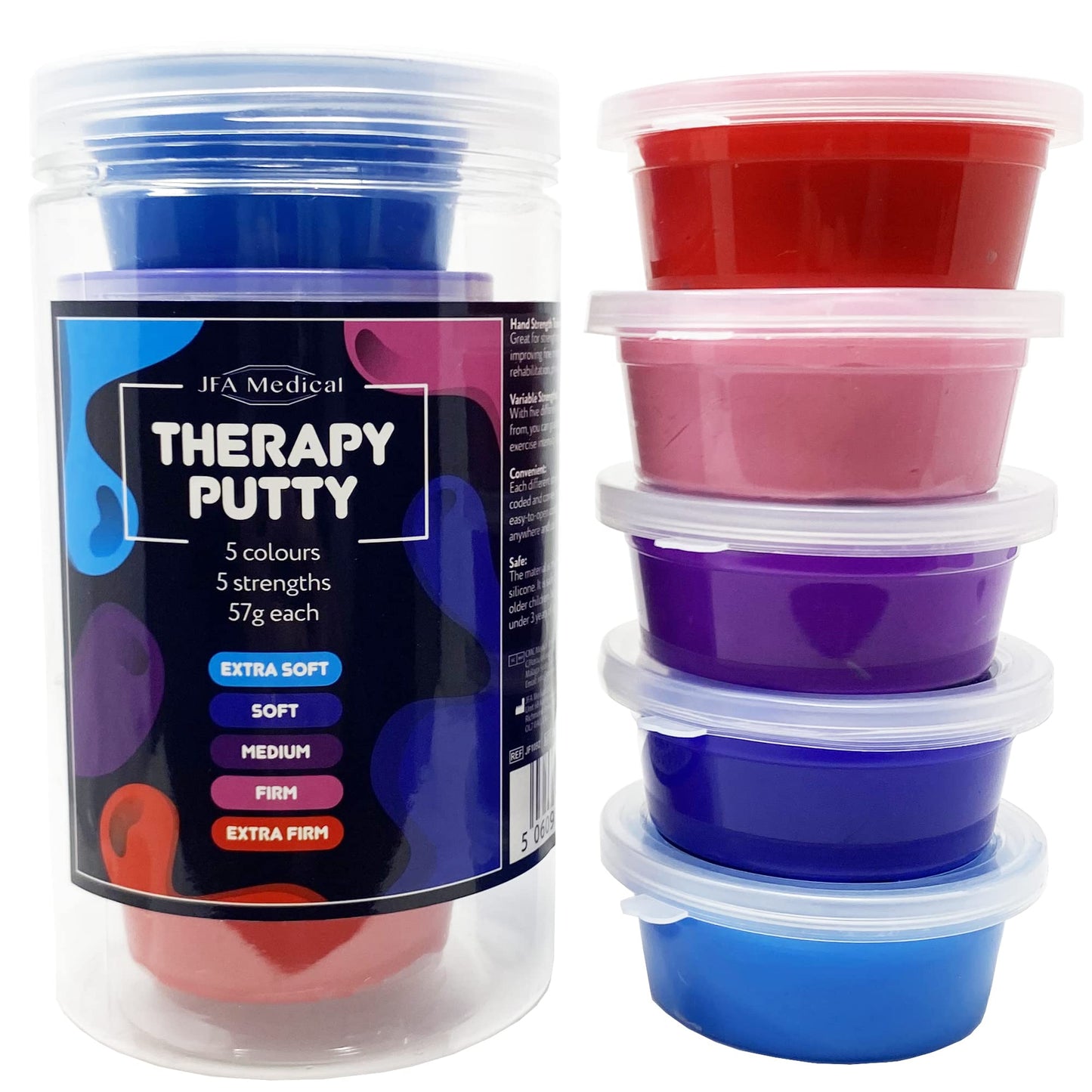 JFA Medical Therapy Exercise Putty 5 Strengths Alternative Colours - Extra Soft, Soft, Medium, Firm, Extra Firm 57g Tubs