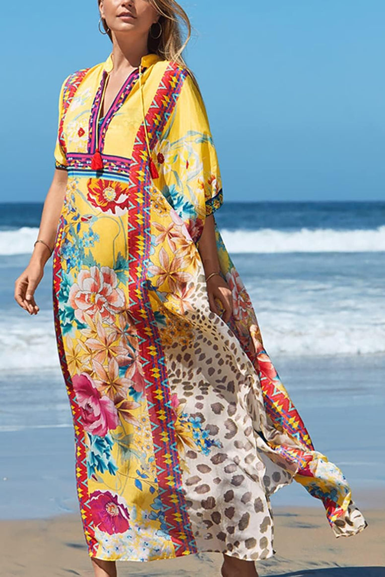 YouKD Maxi Dress V-Neck Kaftan Boho Robes Beach Cover-ups Dress Maxi Garment for Women