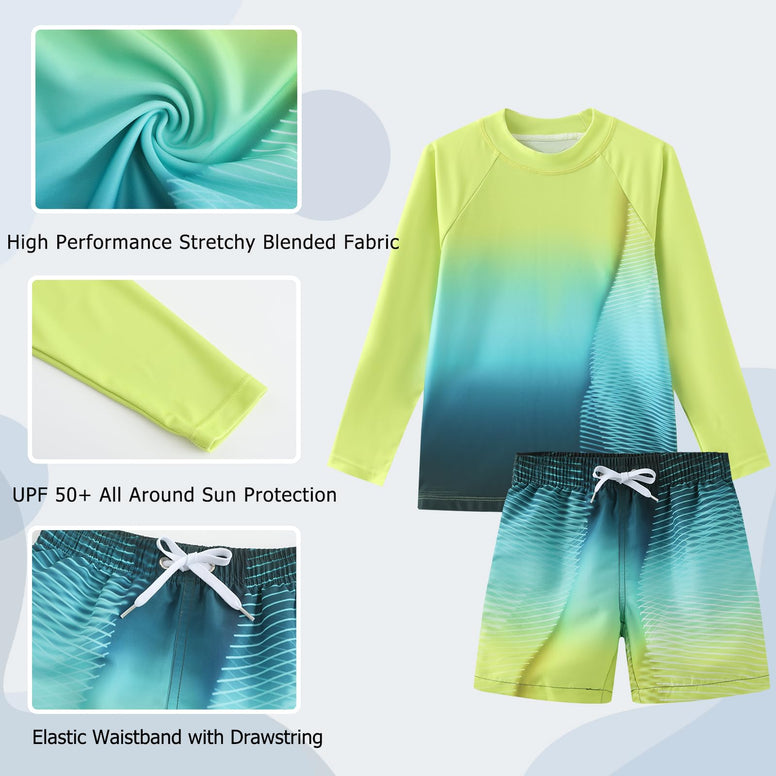 Boys Swimming Costume Two Piece Swimsuit Set with Swimming Trunks Kids Long Sleeve Bathing Suit Swimwear