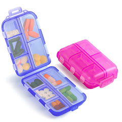 Travel Pill Organizer Box, 2 Pcs 10 Compartments Portable Plastic Pill Case, Pill Box Dispenser for Medicines, Vitamin, Fish Oil (Blue, Pink)