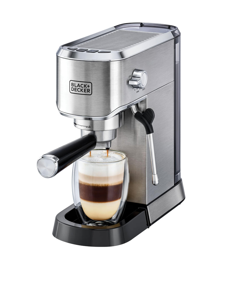 BLACK+DECKER Manual Barista Pump Espresso Coffee Machine, Cappuccino, Latte Macchiato, Milk Frother, 1450W, Silver - ECM150-B5, by Black & Decker