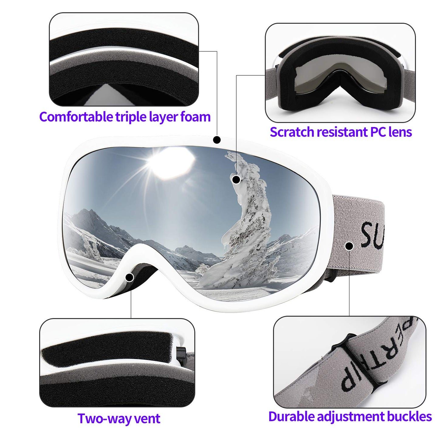 Supertrip Snow Ski Goggles Anti-Fog 100% UV Protection Snowboard Skiing Goggles