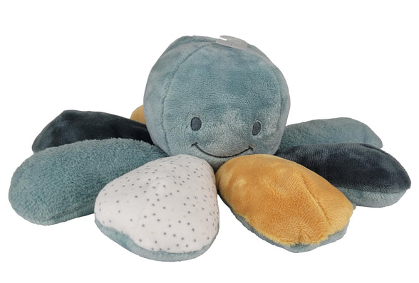 Nattou Active Cuddly Toy Made of Cotton and Polyester, Cuddly Toy Octopus with Rattle and Squeaker, for Newborns and Premature Babies, Approx. 28 cm, Lapidou, Green
