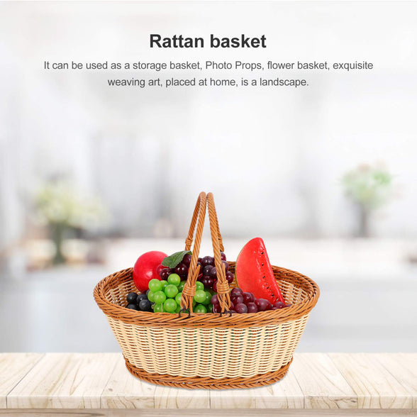 YARNOW Rattan Picnic Basket Wicker Floral Picnic Storage Basket with Handle for Camping Use Home Decor