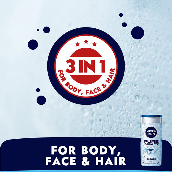 NIVEA MEN 3in1 Shower Gel Body Wash, Pure Impact Fresh Scent, 250ml
