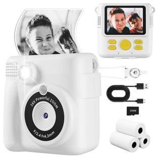 Instant Print Camera, Kids Camera 1080P HD Digital Camera with 32G SD Card, 3 Rolls Photo Paper & 6 Color Pencils for Age 6-12 Boys and Girls Birthday Gifts Photo and Video Recording