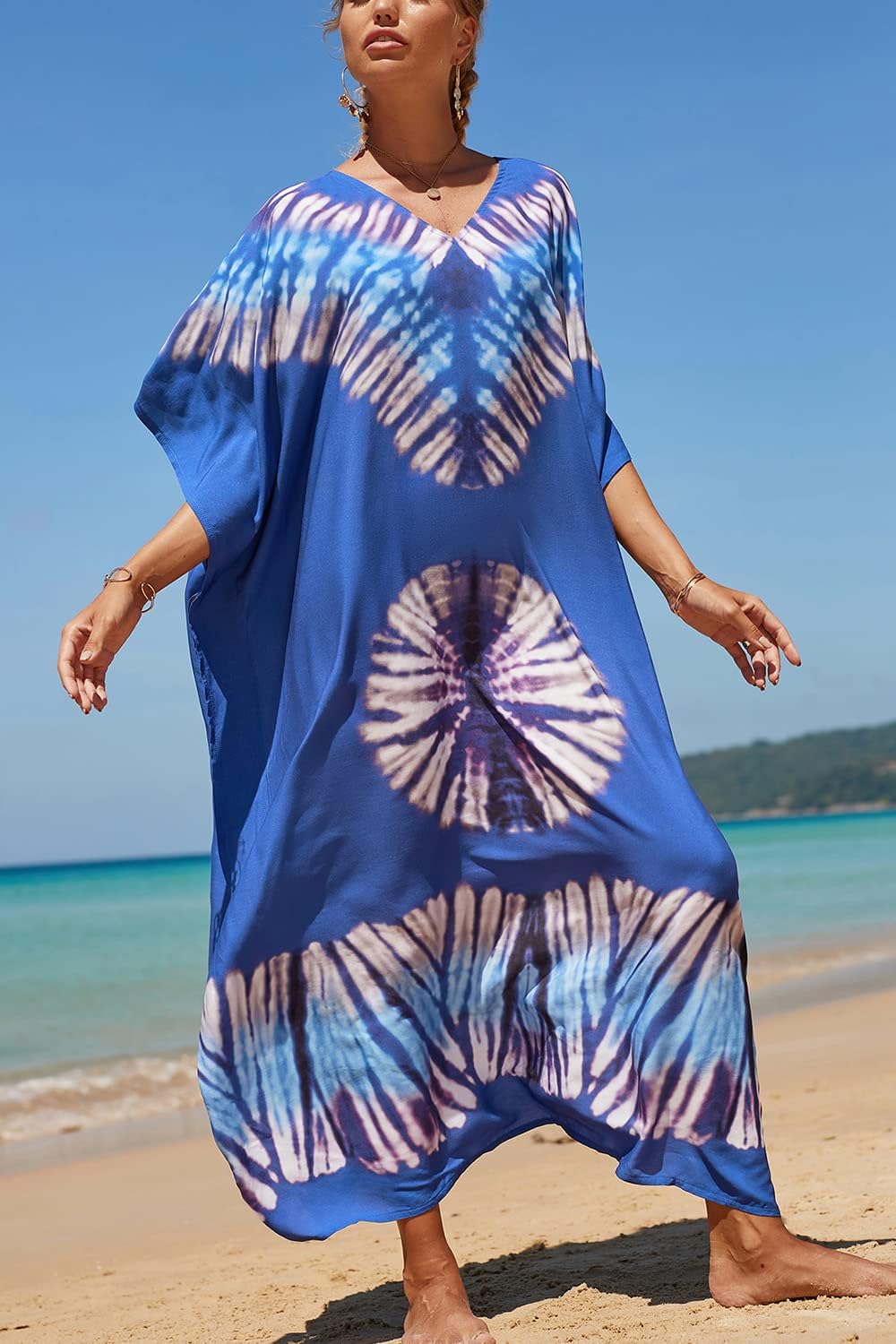 YouKD Women's Long Kaftan Bohemian Beach Swimsuit Cover Up Dress Plus Size Robe