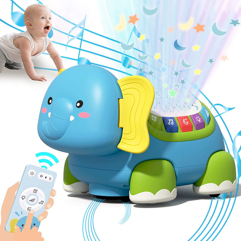 AM ANNA Baby Toys 6 to 12 Months, Baby Crawling Toys Elephant Musical Light Up,Infant Toy with Light & Sound Projector,Tummy Time Toy for 12-18 Months Boy Girls