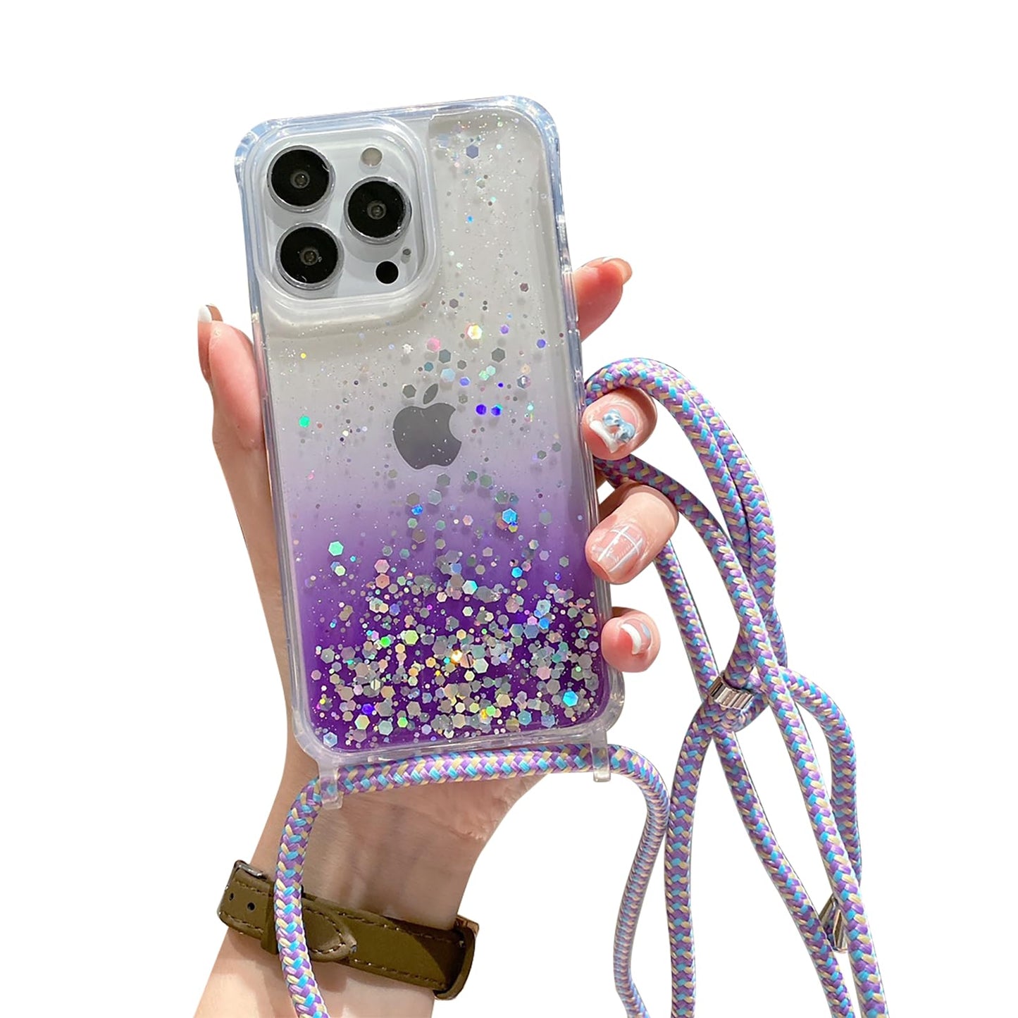 ELTIIGO for iPhone 14 Pro Strap Case with Crossbody Lanyard, Clear Glitter Shiny Bling Sparkle Shockproof Cover with Soft TPU Bumper, Adjustable Shoulder Neck Strap for Girls Women, Lavender