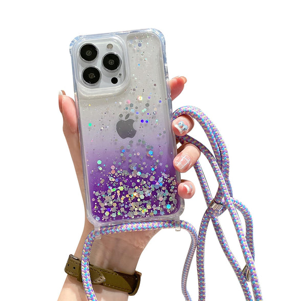 ELTIIGO for iPhone 14 Pro Strap Case with Crossbody Lanyard, Clear Glitter Shiny Bling Sparkle Shockproof Cover with Soft TPU Bumper, Adjustable Shoulder Neck Strap for Girls Women, Lavender