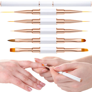 5Pcs Nail Art Brushes, Double Ended Nail Art Lines 3D Drawing Pen, Nail Cleaning Brushes, Builder Gel Brushes Nail Art Tools for Salon Home DIY Manicure, Double-headed Dual-use Pull Wire Painting Pen