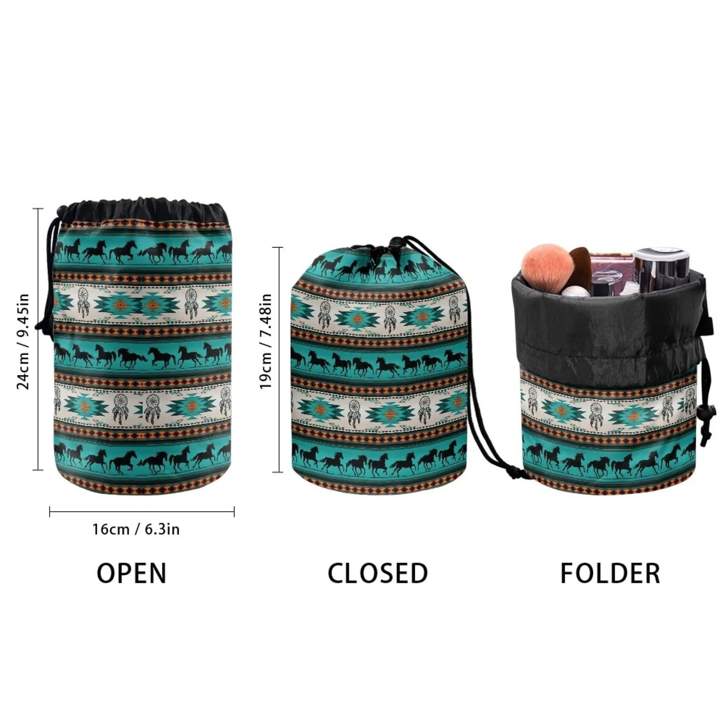 chaqlin Aztec Horse Drawstring Cosmetic Bag Women Girls Multifunctional Bucket Toiletry Bag for Travel Portable Cosmetics Wash Bag Bucket Toiletry Bag Dream Catcher Horse Print Make up Pouch, Aztec