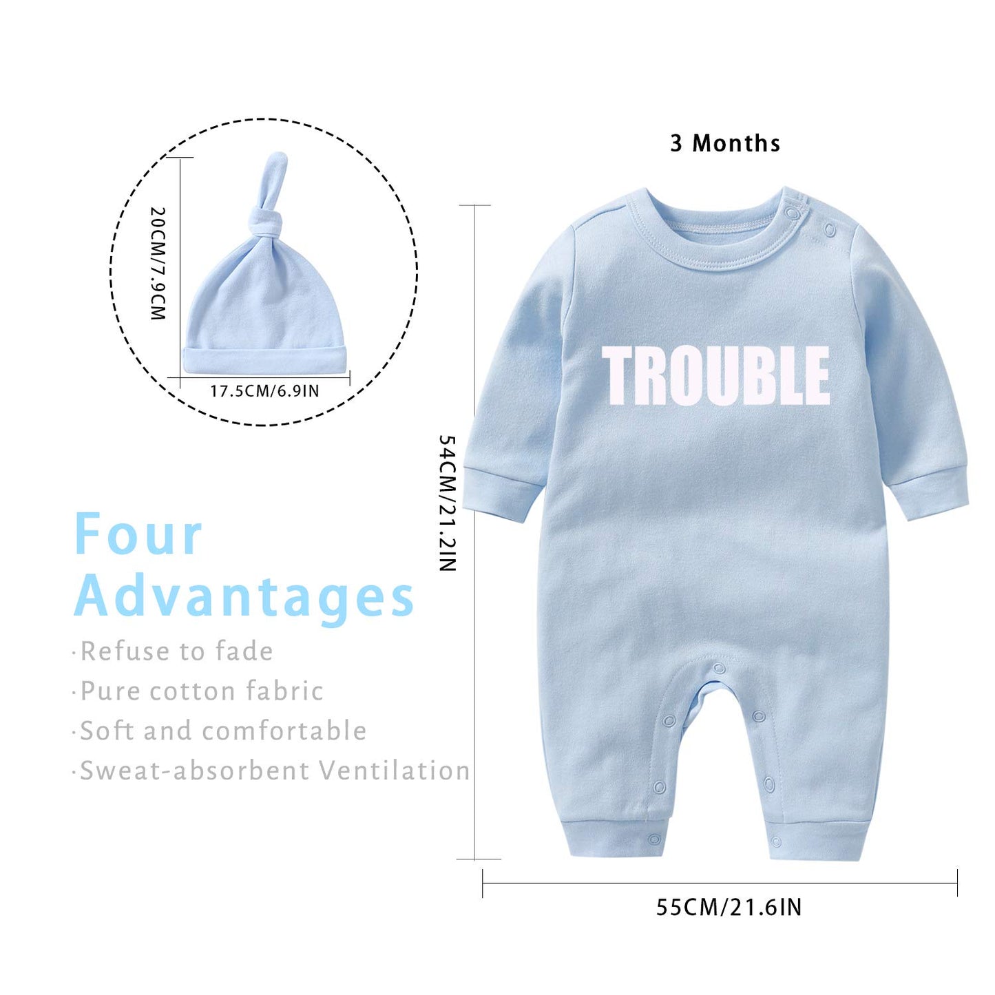 YSCULBUTOL Baby Twins Bodysuits Funny Double Trouble Cute Romper Twin Jumpsuits Hat Set 3-6 Months