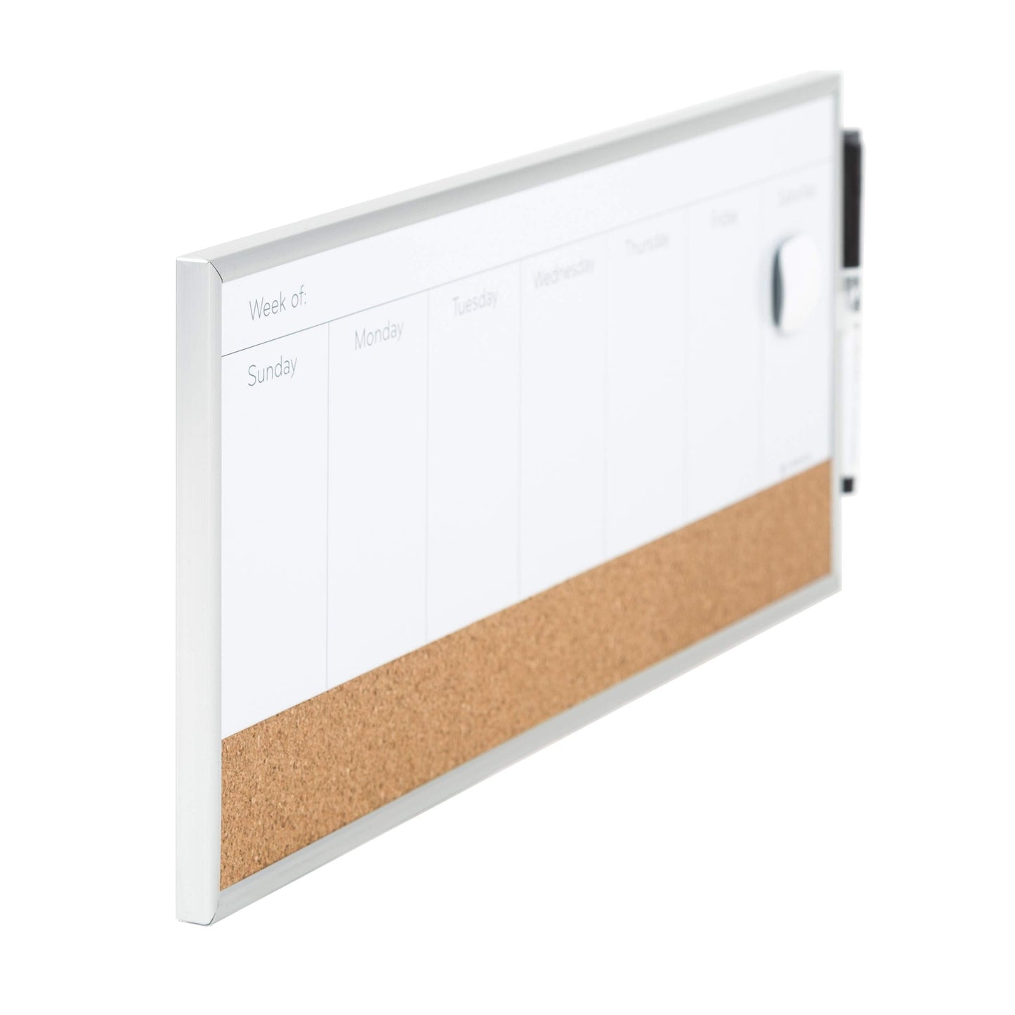 U Brands Magnetic Aluminum Frame Dry Erase/Cork Weekly Calendar, 18-Inch X 7.5-Inch Size, Silver
