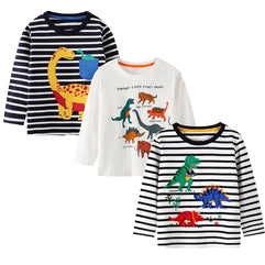 HILEELANG Boys Long Sleeve Tops Tees Shirts Graphic Cotton Casual Crewneck T-Shirts Sets 3 Packs 7Y