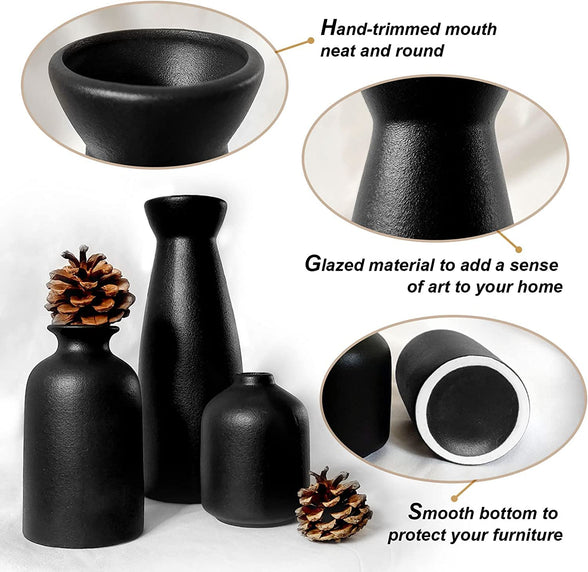 Black Ceramic vase Set-3 Small Flower vases for Decor,Modern Home Decor, Vases for Decor,Pampas Grass Vase,Dried Flowers Vases,Living Room,Table Shelf, Centerpieces Decoration