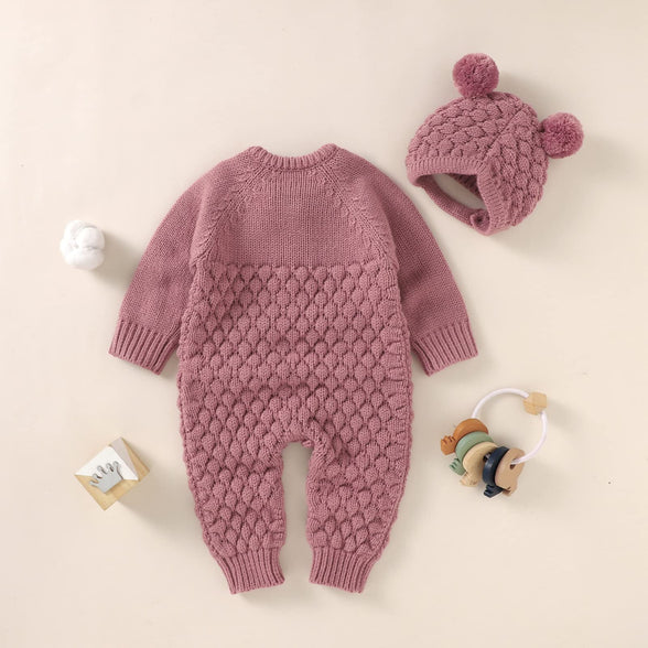 Newborn Baby Boy Girl Winter Clothes Knitted Sweater Romper Crewneck Solid Color Jumpsuit Hat Infant Fall Outfit