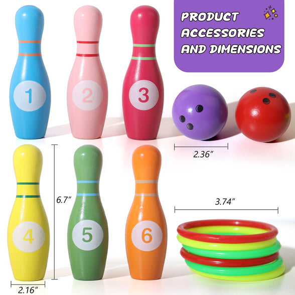 SHIERDU Wooden Kids Bowling Set - with 6 Bowling Pins & 2 Balls & 6 Ferrule - Educational Early Development Indoor & Outdoor Games Set - for Toddlers & Infants Boys & Girls Ages 3,4,5-12 Years Old