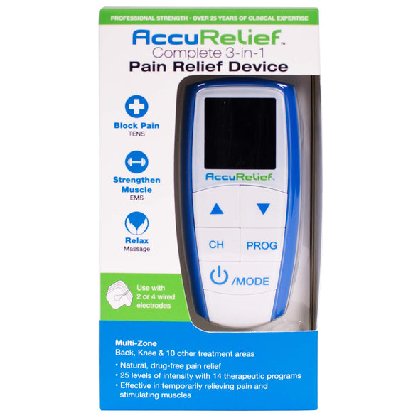 AccuRelief Complete 3-in-1 TENS Unit, EMS, Massager Device - Pain Relief Electric Muscle Stimulator with 4 Electrodes for Neck, Back, and Full Body