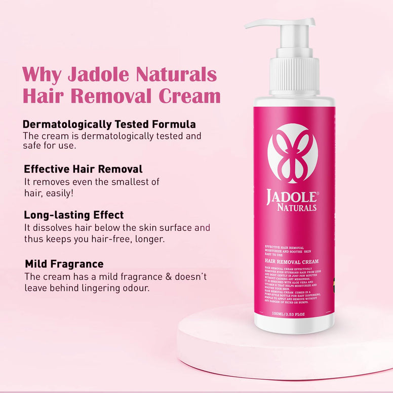 Jadole Naturals Hair Removal Cream 100ml for Body & Legs with Pump Bottle, Aloe Vera & Vitamin E Helps to Moisturize & Soothe | Ideal for Bikini Line, Underarm, Legs & Body | 100% Safe & Effective