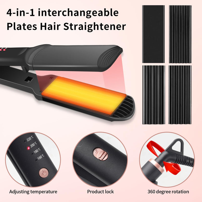 Rosy Forth Hair Crimper Hair Waver Straightener Iron with 4 Interchangeable Ceramic Plates, Hair Styler Crimping Iron for Hair Volumizing, Straightening with 4 Heat Settings Adjustable Temperature