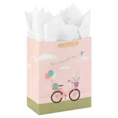 Hallmark 13" Large Pink Gift Bag with Tissue Paper (Have A Beautiful Day Bicycle and Balloons) for Birthdays, Mother's Day, Bridal Showers