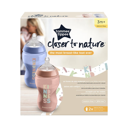 Tommee Tippee Closer To Nature Easi Vent Decorative Milk Feeding Bottle 340 ml, Moon White, Pack Of 2, Transparent/Pink/Grey Bottle, 2 Count (Pack Of 2)