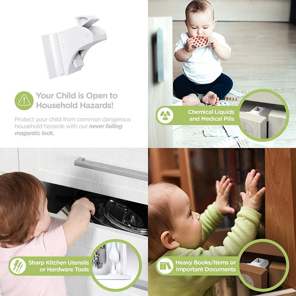 Baby Proofing Magnetic Cabinet Locks Child Safety, LEHSGY Children Proof Cupboard Latches,Baby Safety No Screws or Drilling (White/ 8 & 2 Keys)