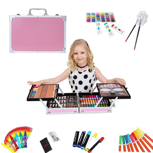 Beauenty Deluxe Art Set 145PC 2 Layers, Kids Art Supplies for Drawing, Painting, Portable Aluminum Case Art Kit for Kids, Teens, Adults Great Gift for Beginner and Serious Artists (Pink)